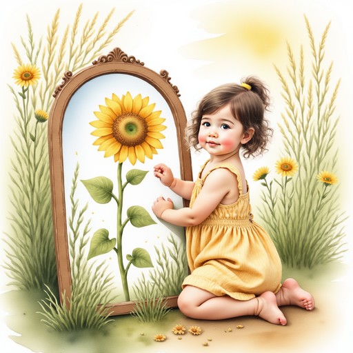 Sofia showing a sunflower its reflection in a mirror.