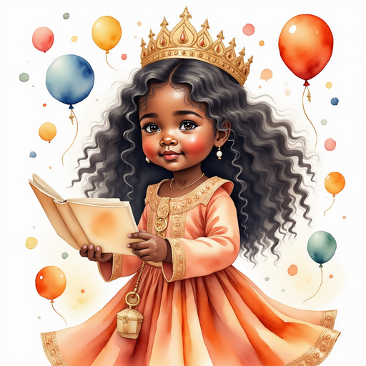 Show Queen Neena reading the crystal schedule with an eager look. In the background, colorful festival balloons float.