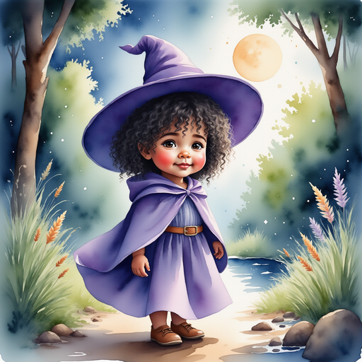 Willow Charms stands under the moon, smiling softly in her big hat. In the background, the gentle brook sparkles and ancient trees sway.