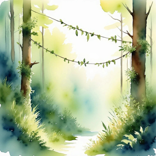 Show a cleverly designed zip line made from intertwining vines near the finish line of the race. Distant forest edge with no people.