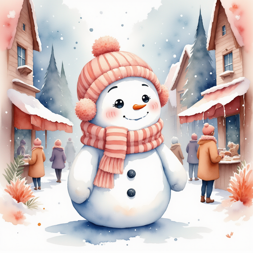 Frostyline Fable standing on a snowy path, looking at tall market stalls filled with colorful blankets In the background are busy villagers buying warm treats