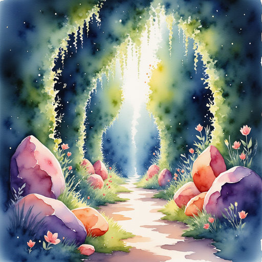 The musical stones that glow in bright colors In the background, tall hedges form a secret walkway