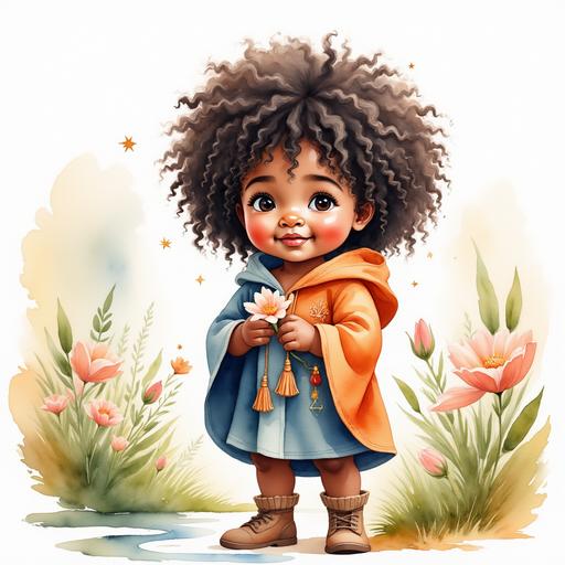 Zippy smiles as he holds the ‘Gracias’ flower, robe now sprinkled with dewdrops. In the background pink blossoms bloom near a gentle stream.