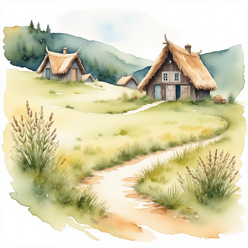 In the background, Viking houses rest along a winding dirt path.