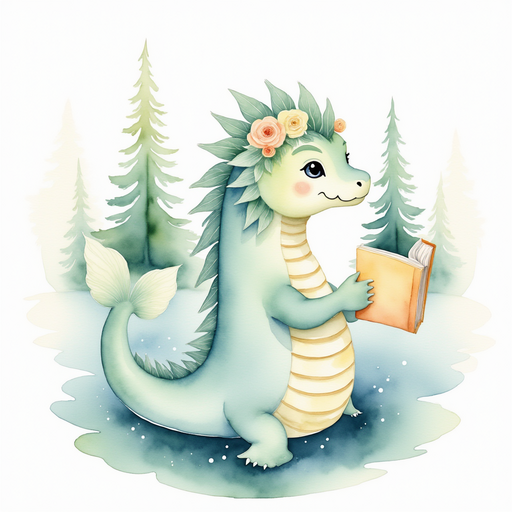 Nessie Sparkles holding a small book and looking curious. In the background are tall pine trees along the lake.