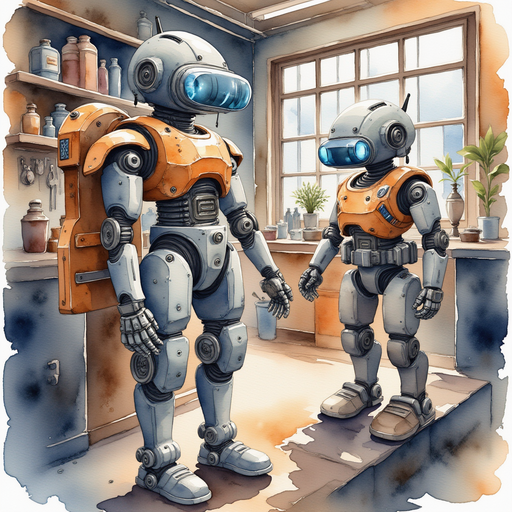 The whirring tool belt glinting on a peg, emphasizing the workshop’s busy atmosphere In the background, twisted metal gears and half-built robots