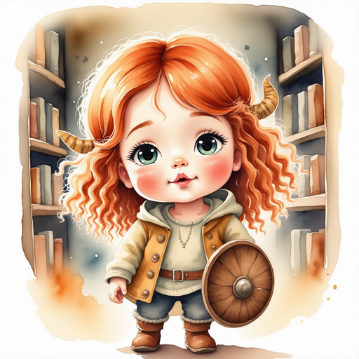 Bolda the Bright holds a little scroll, her eyes bright with surprise. In the background, soft lights glow around the tall bookshelf.