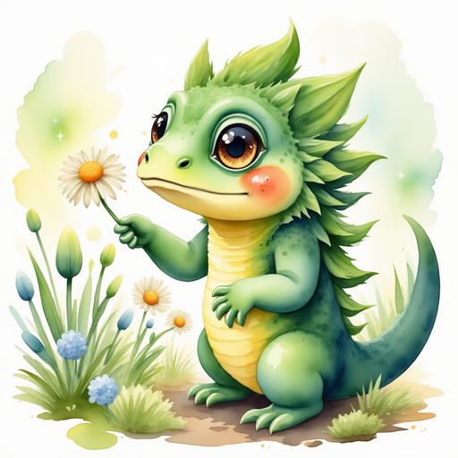 Show Blossom Sprout gently touching a blooming daisy. In the background, sunlight sparkles on a flowing fountain.