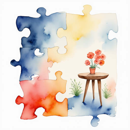 A half-finished puzzle with big, colorful pieces. In the background, a small table stands.