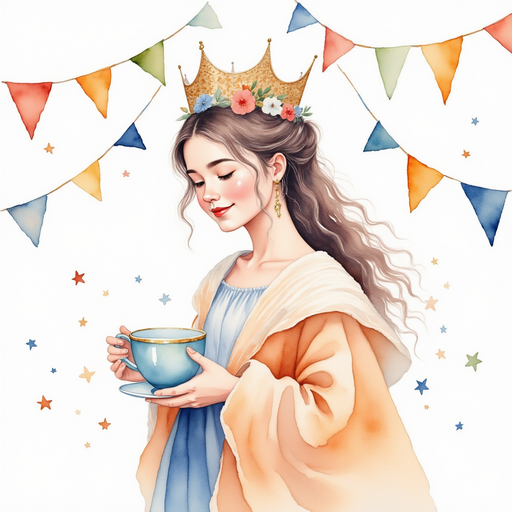 The queen stoops slightly and holds out a cup of cool water with a comforting smile. In the background, bright pennants flutter in the wind.
