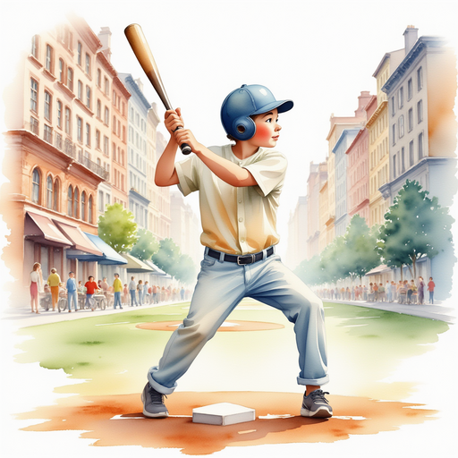 Lee practicing his baseball swing in a bustling city