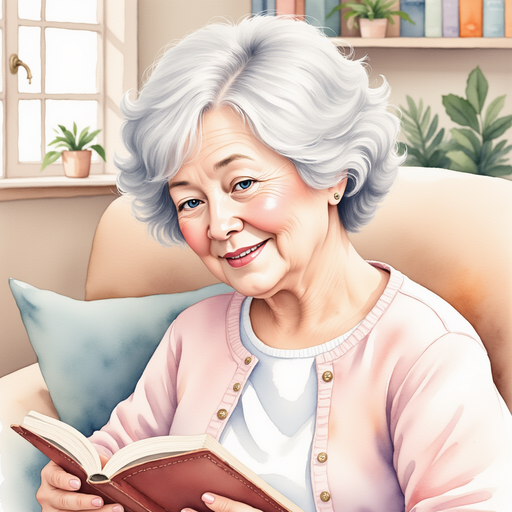 Illustrate Grandma sitting comfortably as she reads from a book, with a warm, inviting smile on her face. In the background, a shelf filled with storybooks.