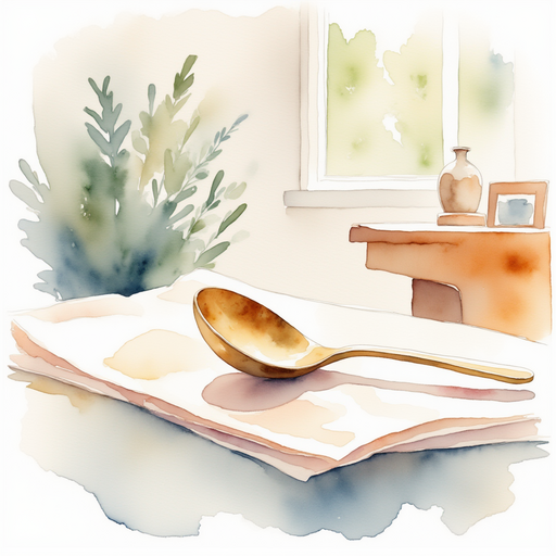 Show the gleaming golden spoon resting on a tablecloth. In the background, a simple wooden table stands beside a small window.