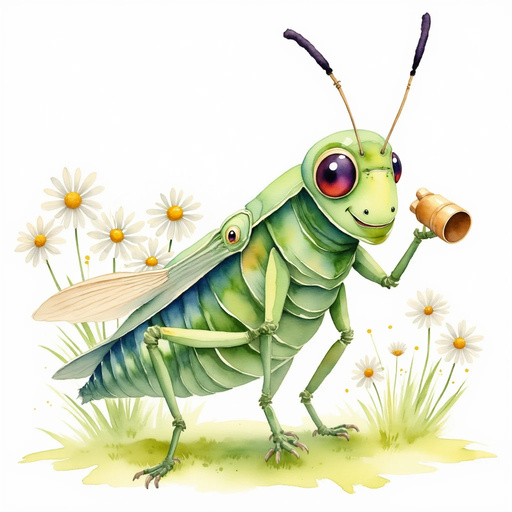 Buzzywhirl holding a little golden whistle In the background, daisies dot the grassy field
