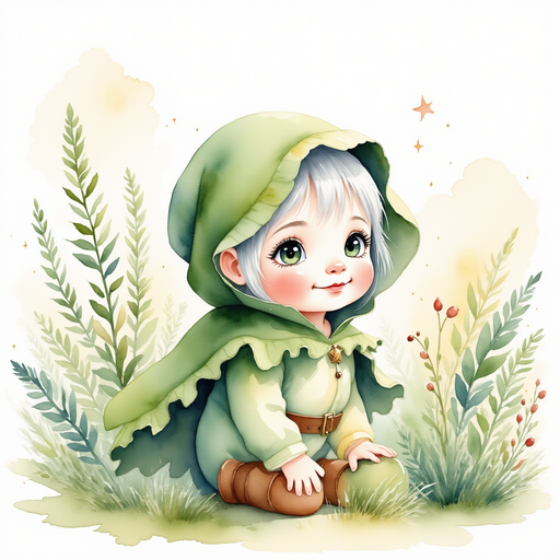 Flicker Sparkleaf kneels near a shimmering berry bush, gently touching a cluster of sparkle berries. In the background, pastel blossoms sway in a soft breeze.