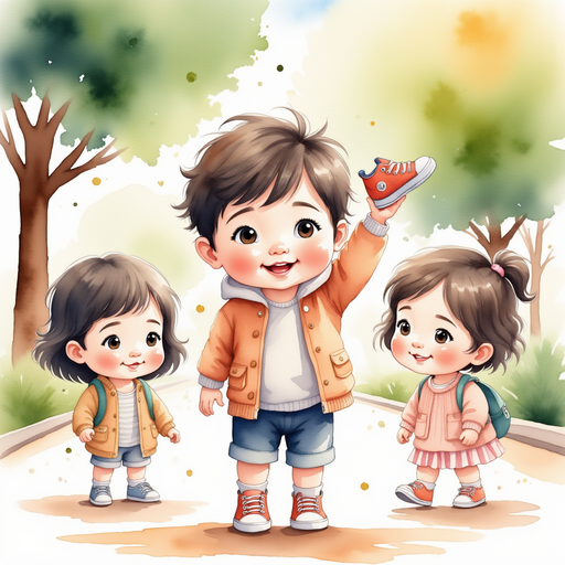 Illustrate Sid holding one sneaker up, smiling enchantingly, surrounded by amazed friends. In the background, a schoolyard setting with a large shady tree.