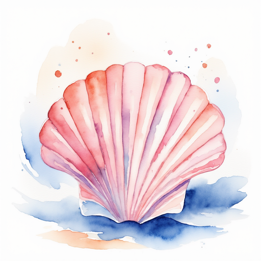 Show a large pink seashell with swirly patterns. In the background, gentle waves roll.