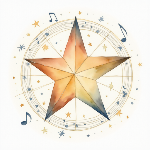 Vivian drawing a star chart, with musical notes around the star Musica.