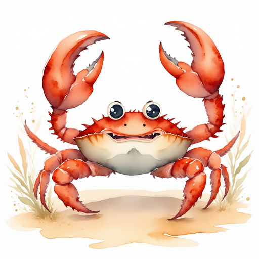 Show one crab with raised claws and bright eyes. In the background, swirling sand puffs.