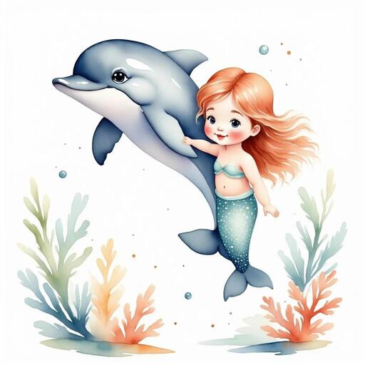 Illustrate a playful dolphin named Flipper jumping out of the water with a cheerful demeanor. In the background, vibrant coral reefs and a sunlit ocean surface.