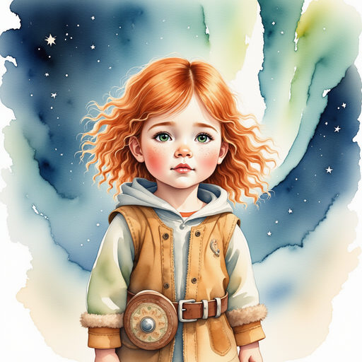 Bolda lifts her eyes to the night sky, reflecting sadness. In the background, streaming ribbons of northern lights