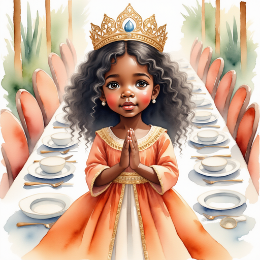 Queen Neena stands at the head of a large dining table, clapping her hands. In the background, the table is set with empty plates and silverware