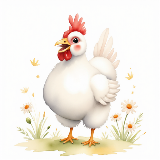 Show Cluckster with her beak open in song. In the background, tiny daisies begin to perk up.