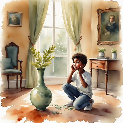 Michael with hands on face because of shock while looking at the cracked and shattered vase on the floor inside the mansion