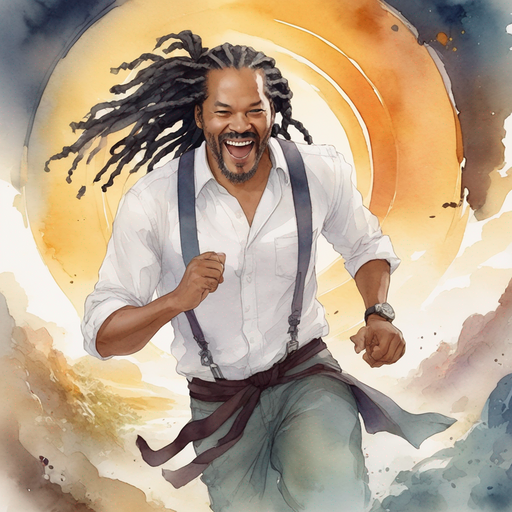 Tobias dark ponytail dreadlocks is wearing white shirt laughing diabolically Sinister projector near the swirling portal in a chaotic battlefield.
