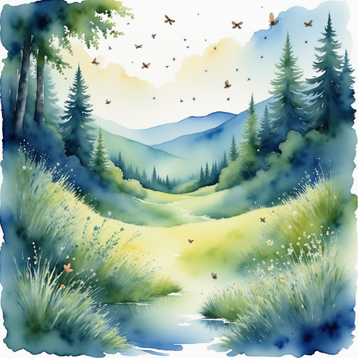 A clearing where fireflies are whimsically floating around, casting a magical glow. Surrounding trees and faintly outlined distant hills.