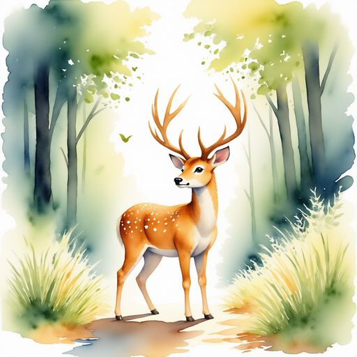 A graceful deer with shimmering golden antlers standing elegantly on a forest path. sun-dappled woods