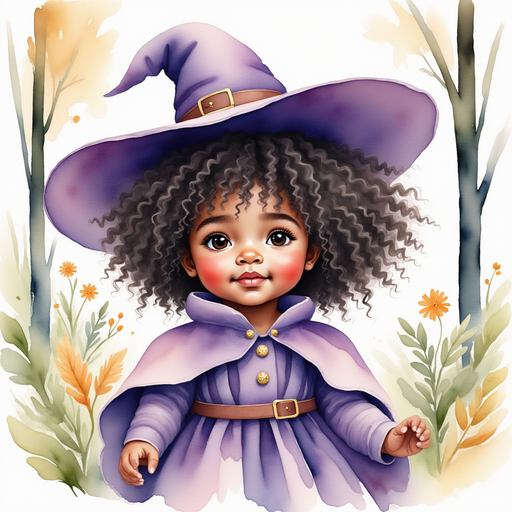 Willow Charms -who is black - is peeking through shimmering leaves, her pointy hat slightly crooked. In the background, tall trees sway in a soft breeze.