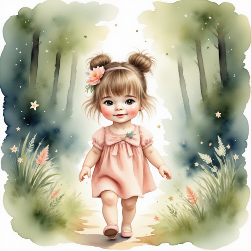 Illustrate Tea walking alone through the enchanted forest with leaves magically swirling around her. A dense, magical forest with glimmering lights among the trees.