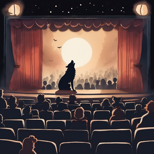 Terrifying movie screen of a picture of a werewolf howling in a crowded dark theater.