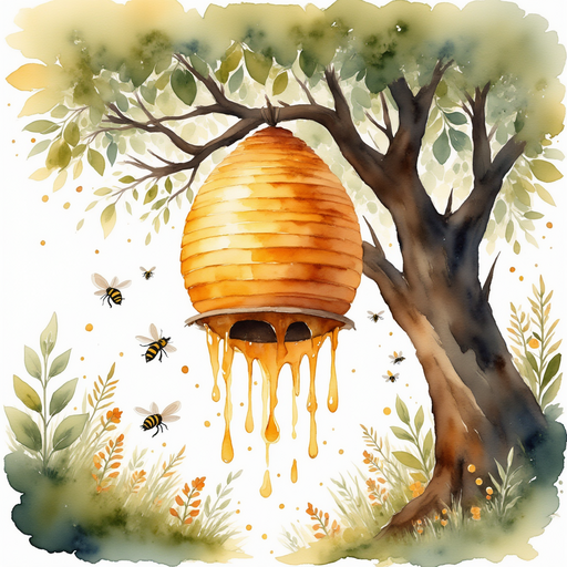 A large hive dripping with honey from a twisted, ancient tree. In the background, a busy swarm of bees buzzing around.