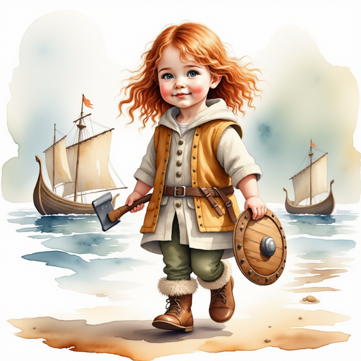 Bolda the Bright marching away from the docks, axe at her side and bag on her back. In the background, Viking longboats rocking on gentle waves