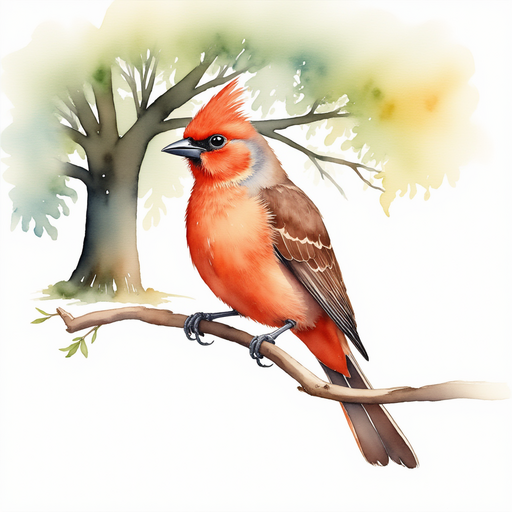 Red bird on a thin tree branch. In the background: A large oak tree with sturdy branches.