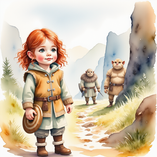 Bolda the Bright, standing bravely at a rocky bend in the path, facing large trolls. In the background, jagged cliffs and a winding trail