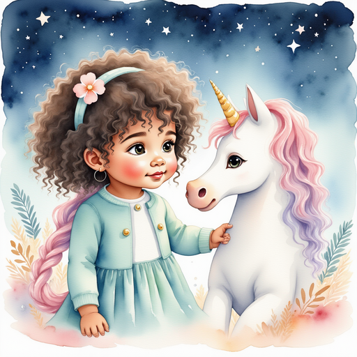 Dewdrop the unicorn, standing gracefully beside Lele, listens intently to her dreams. In the background, a magical landscape with glistening water and flowering plants.