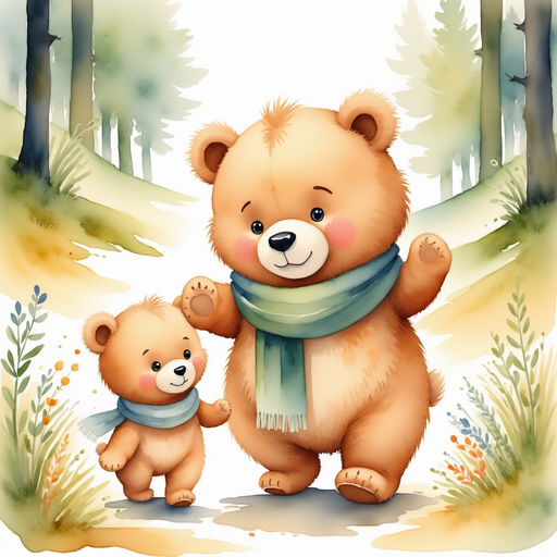 Momma bear leading Mickey and Molly through a sun-dappled forest path. In the background, towering trees and patches of colorful wildflowers.