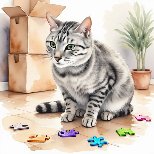 Charlotte sniffing at scattered puzzle pieces on the wooden floor. In the background, large cardboard boxes stacked high