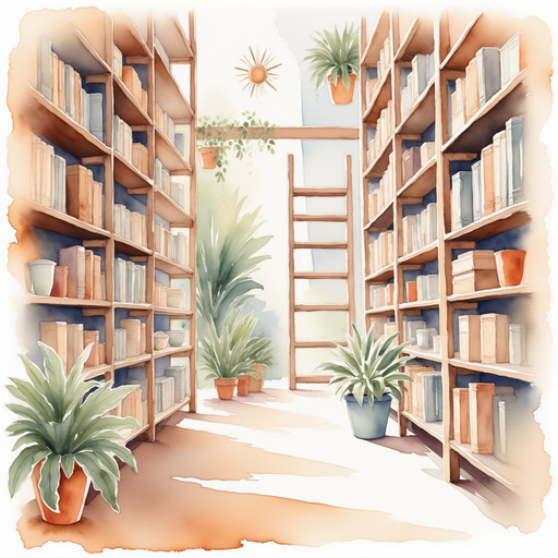 A tall wooden ladder leaning against a towering shelf. In the background, shelves stretch endlessly in all directions.