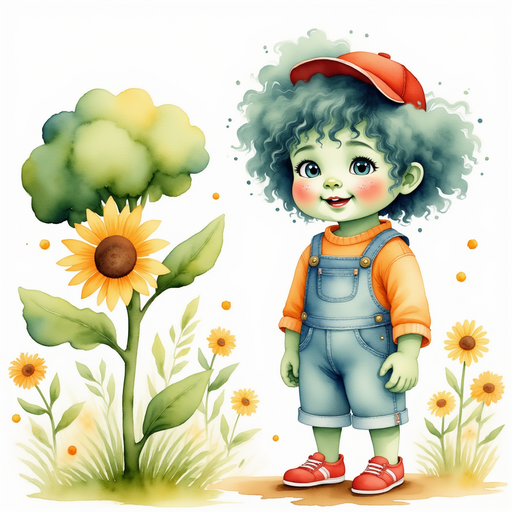 Zigzag Zander standing next to a smiling broccoli plant, listening closely. In the background, tall sunflowers sway left and right