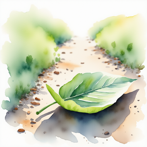 A soft leaf lies on the ground, showing gentle signs of wilt at its edge. In the background, tiny pebbles form a narrow path.
