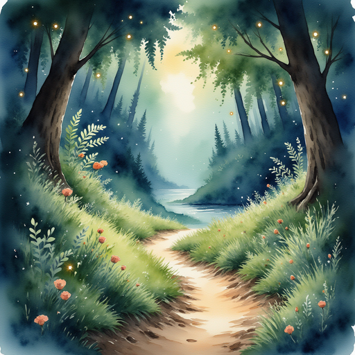 Illustrate a hidden path lit by twinkling fireflies, leading the way deep into the forest filled with magic and discovery. In the background, glimpses of ancient book spines whisper tales of magic.