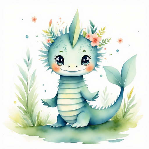 Nessie Sparkles emerging carefully from a small pond rolling green hills