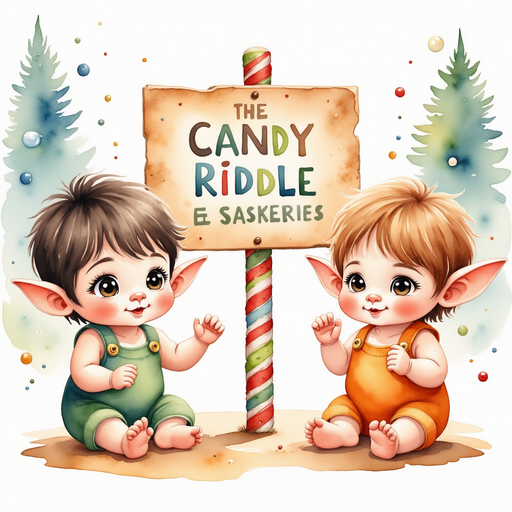 A mysterious candy cane signpost with a riddle intricate written in colorful candy letters in front of the bakery. A crowd of elves and villagers gathered in curiosity.