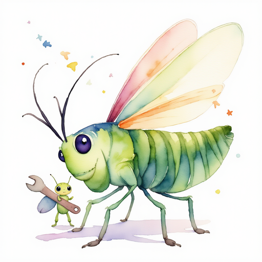 Buzzywhirl stands with a tiny wrench. In the background, a colorful streamer flutters.