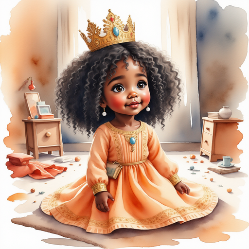 Show Queen Neena looking around in surprise at the messy room. In the background, soft rugs lie scattered on the floor.