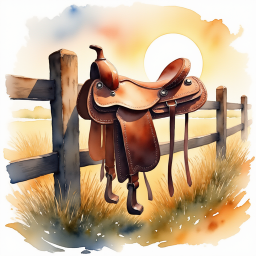A worn leather saddle rests against a wooden fence post, covered in tiny drops of dew. In the background, the rising sun shines warmly on a field of tall grass